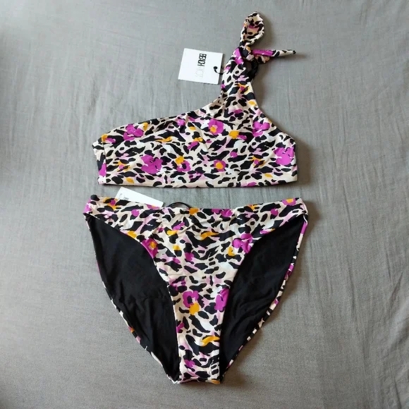 Beach Riot Ava One Shoulder Tie Top Chelsea Bottoms Bikini Floral Leopard - Picture 1 of 6